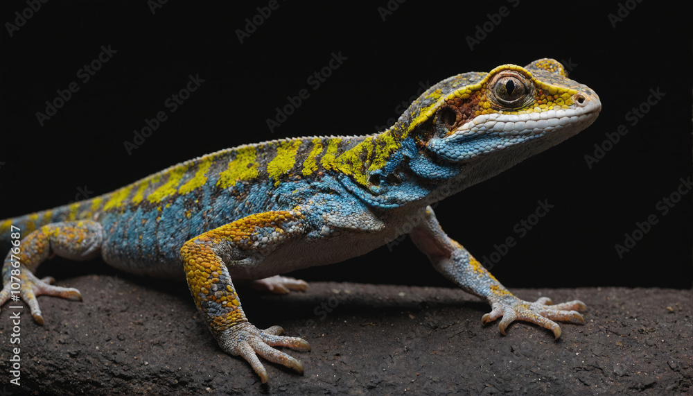 Naklejka premium A bright blue and yellow lizard perches on a branch, its scales shimmering against the black background