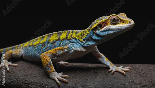 A bright blue and yellow lizard perches on a branch, its scales shimmering against the black background