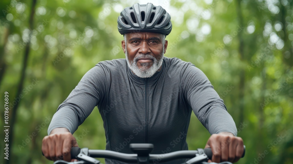 A focused cyclist with grey hair and a beard wears a helmet, poised on a bike amidst a lush green environment, embodying determination and fitness. A focused cyclist with grey hair and a beard wears a helmet, poised on a bike amidst a lush green environment, embodying determination and fitness.