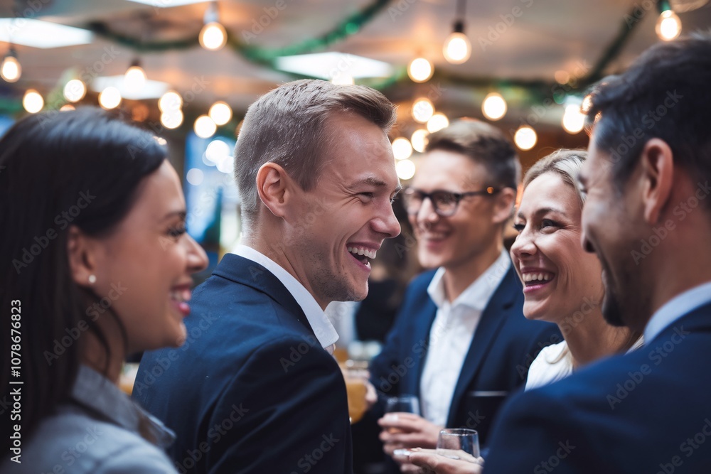 A group of business colleagues engages in lively conversation and laughter during a corporate office party. Warm lighting and festive décor set a relaxed and joyful atmosphere for team bonding. A group of business colleagues engages in lively conversation and laughter during a corporate office party. Warm lighting and festive décor set a relaxed and joyful atmosphere for team bonding.