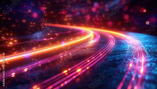 3d Render, Colorful light fast and speed line with glowing