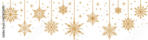 Gold snow banner, vector snowflake decorative header, winter holiday background design