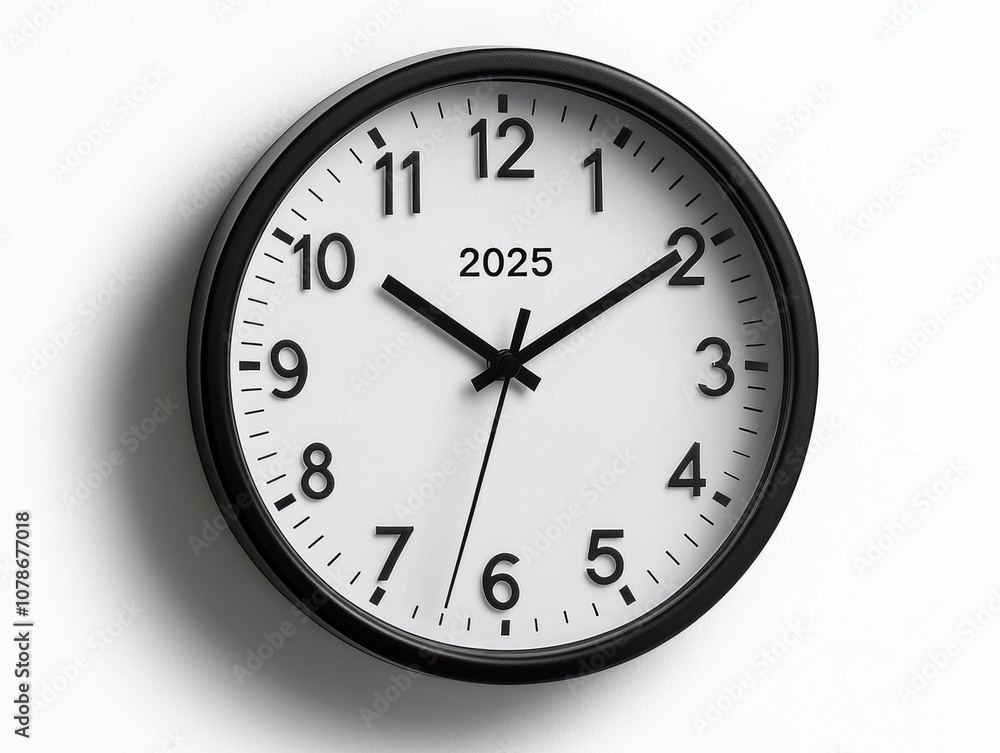 A simple black wall clock displaying the time and the year 2025 prominently on its face. A simple black wall clock displaying the time and the year 2025 prominently on its face.
