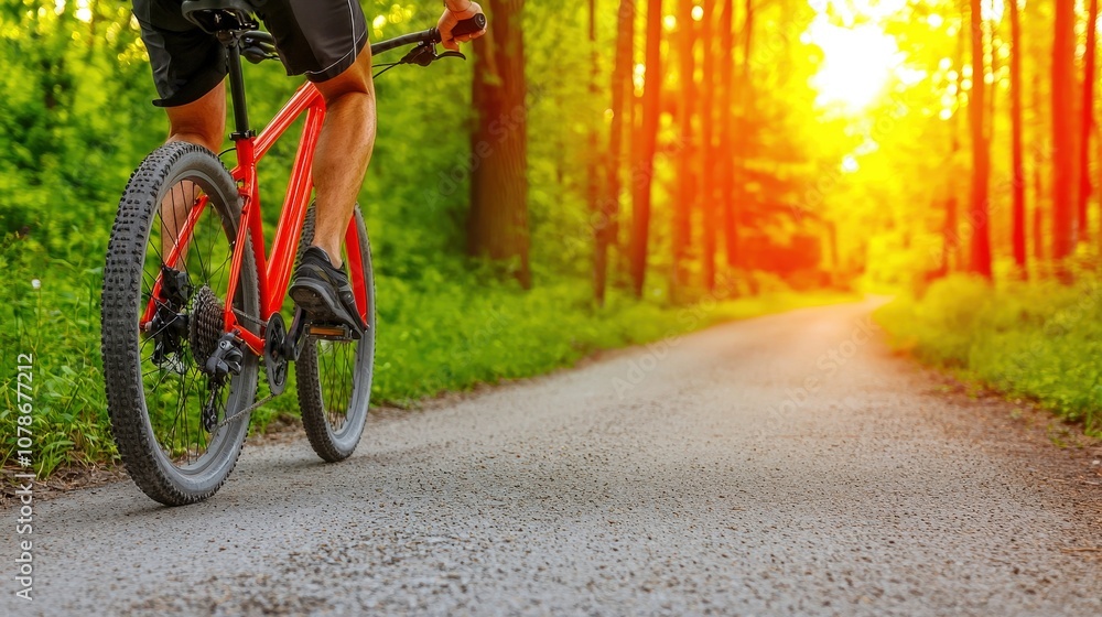 Fototapeta premium A cyclist riding through a sunlit forest path, enjoying an adventurous biking experience surrounded by nature.