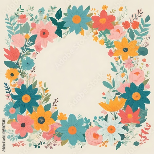 Colorful Floral Wreath with White Background