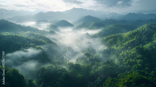 Ethereal mountain landscape with rolling hills shrouded in morning mist, featuring layered mountains and sunlight breaking through dense forest canopy.