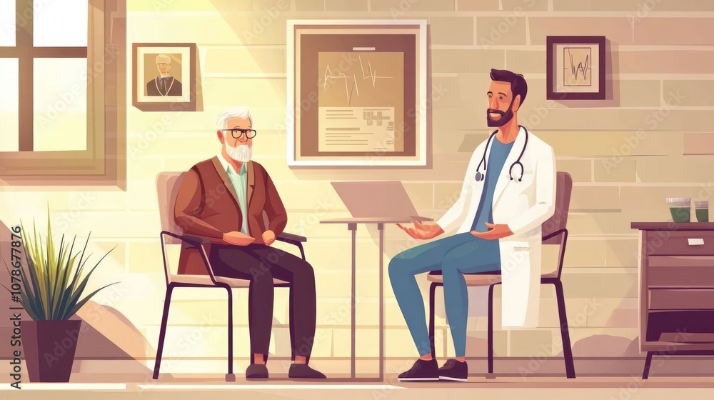 A doctor is talking to an elderly patient in a consultation room. A doctor is talking to an elderly patient in a consultation room.