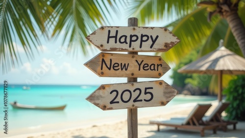 Tropical beach getaway with happy new year 2025 sign photo