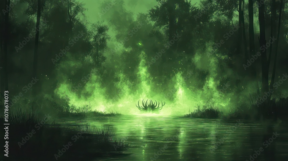 A mysterious green glow emanating from a hidden clearing in a dark, misty forest. A mysterious green glow emanating from a hidden clearing in a dark, misty forest.