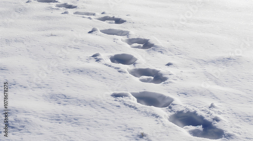 A snow covered field with a line of footprints in the snow. The footprints are small and appear to be from a person or animal. Concept of solitude and quietness