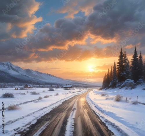 Road with winter landscape.