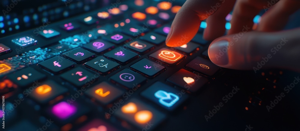Obraz premium Closeup of a hand pressing a glowing camera icon key on a futuristic keyboard.