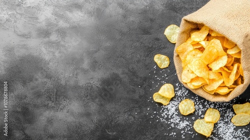 Bag of salted potato chips spilling onto table, crispy but high-sodium snack option photo