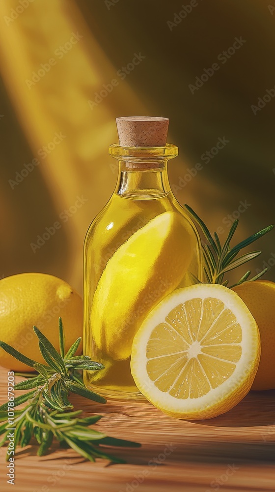Lemon essence bottle with fresh rosemary and sliced lemon in natural sunlight Lemon essence bottle with fresh rosemary and sliced lemon in natural sunlight