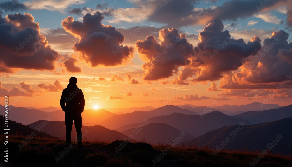 Silhouette of man watching mountain sunset under dramatic clouds Silhouette of man watching mountain sunset under dramatic clouds