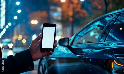 Man Using Smartphone to Interact with a Futuristic Car photo