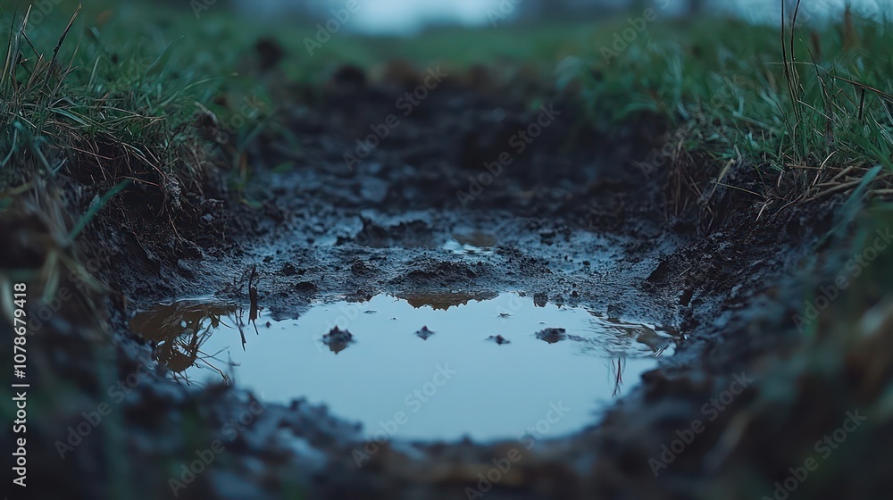 A puddle of water reflects the sky in a muddy path. A puddle of water reflects the sky in a muddy path.