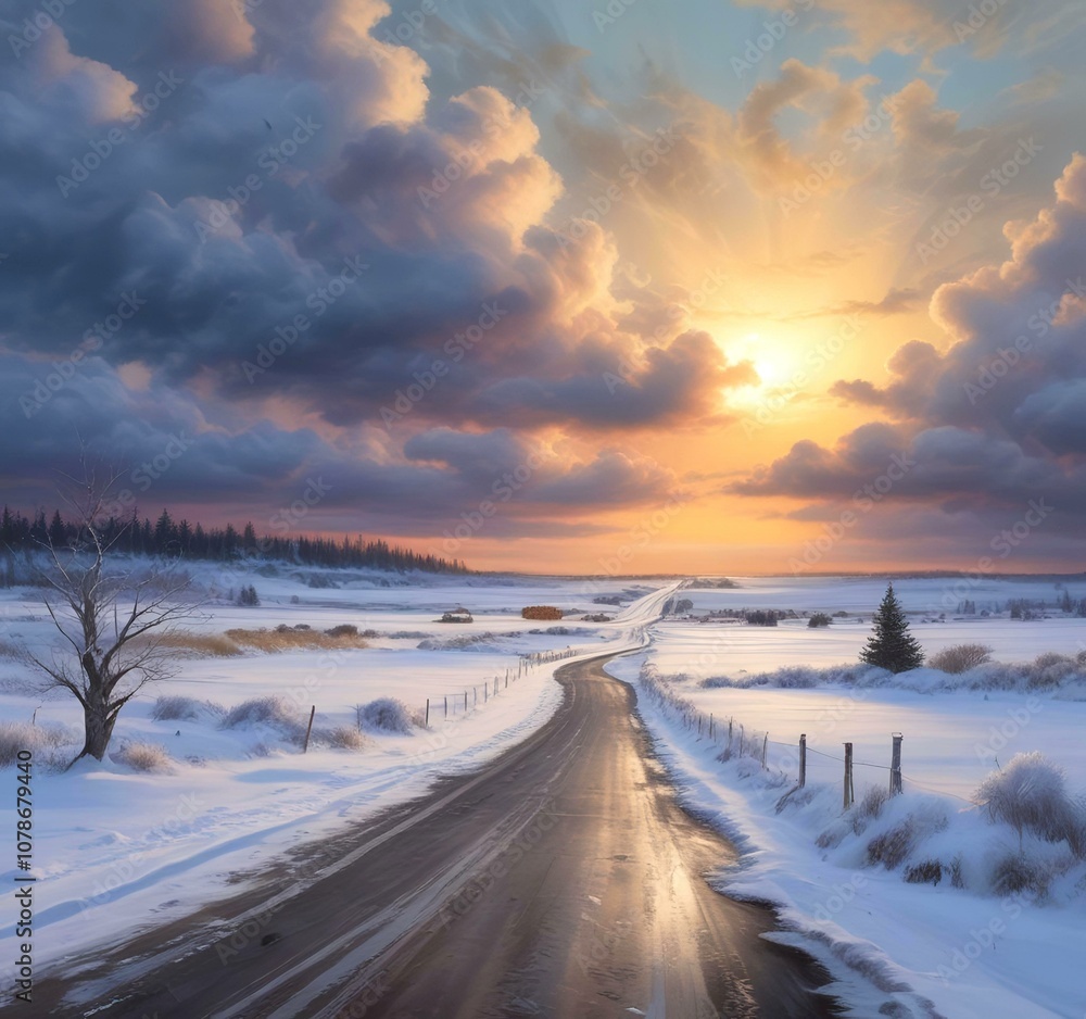 Road with winter landscape.