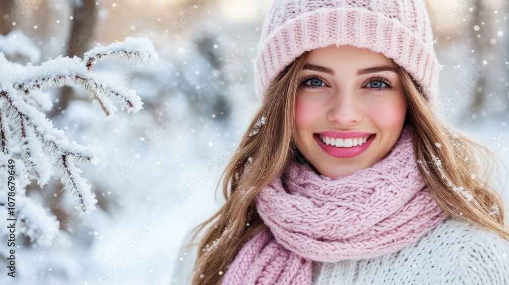 A young woman wearing a pink knitted hat and scarf smiles cheerfully in the snowy winter forest. A young woman wearing a pink knitted hat and scarf smiles cheerfully in the snowy winter forest.