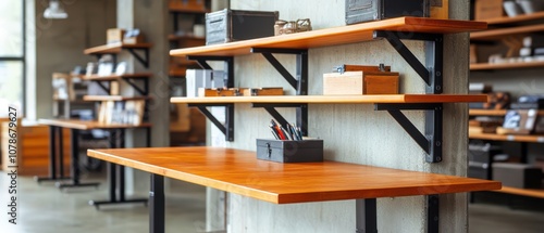 A modern workspace features wooden shelves and a desk, creating an organized, stylish environment for productivity.