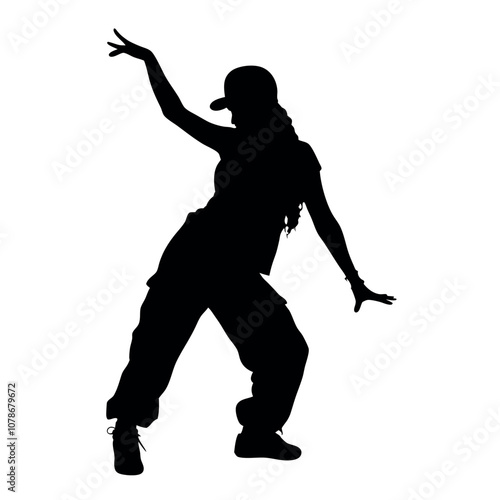 A woman is dancing in a black and white photo. She is wearing a hat and has her arms outstretched