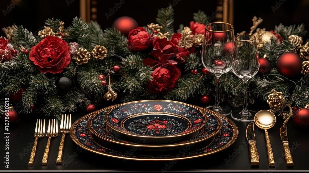 Luxurious holiday table setting with red and gold decorations. Luxurious holiday table setting with red and gold decorations.
