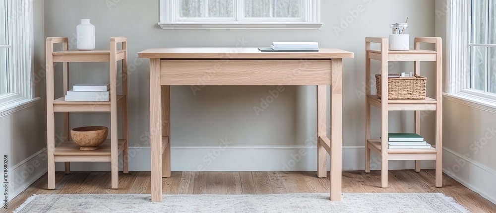 A minimalist wooden desk flanked by two open shelves, enhancing a bright and airy workspace with natural light. A minimalist wooden desk flanked by two open shelves, enhancing a bright and airy workspace with natural light.