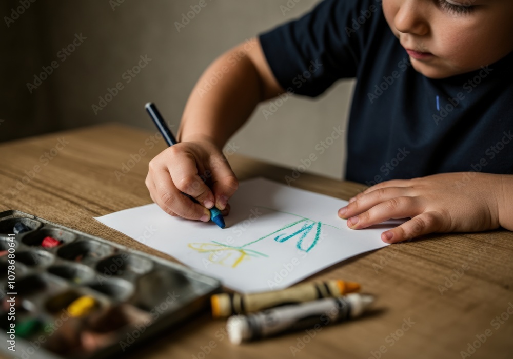 Child Drawing with Crayons on White Paper Child Drawing with Crayons on White Paper