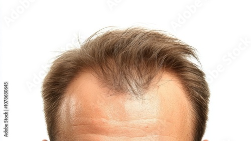 Young man seeing receding hairline, signs of androgenic alopecia, common hair loss cause photo