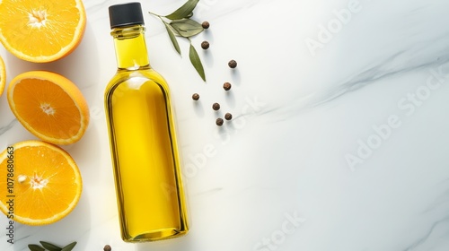 Bottle of olive oil with fresh orange slices and peppercorns on white marble surface, perfect for culinary concepts photo