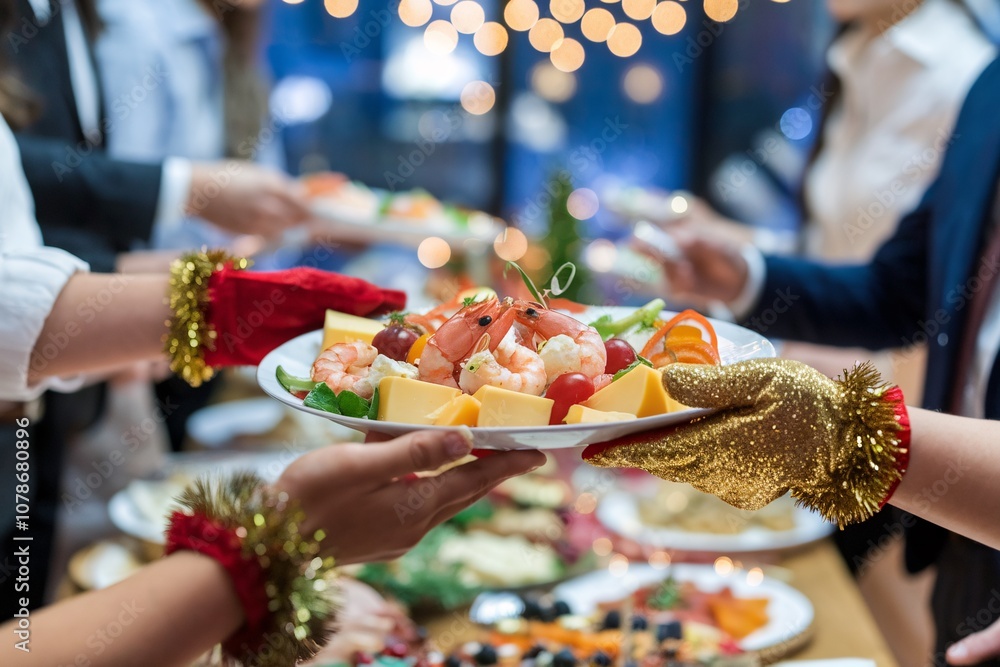 Colleagues enjoy a festive corporate gathering, indulging in an array of gourmet appetizers and vibrant dishes. The atmosphere is lively and colorful, reflecting team spirit and camaraderie. Colleagues enjoy a festive corporate gathering, indulging in an array of gourmet appetizers and vibrant dishes. The atmosphere is lively and colorful, reflecting team spirit and camaraderie.