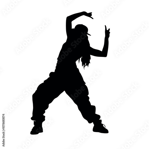 A woman is dancing in a black and white picture. She is wearing a hat and has her hands on her hips