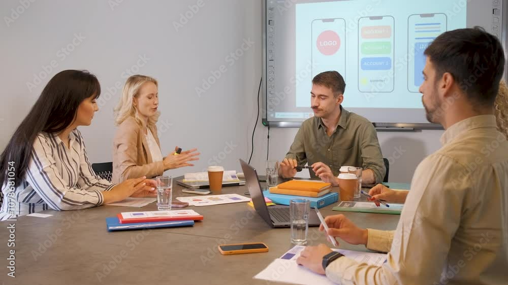 Group of business people working while sitting in a meeting room. Group of business people working while sitting in a meeting room.