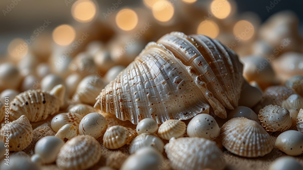 A large seashell rests on a bed of smaller shells and pearls, with warm bokeh lights in the background. A large seashell rests on a bed of smaller shells and pearls, with warm bokeh lights in the background.