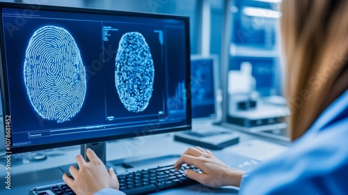 Fingerprint analysis on computer screen in a high-tech forensic lab