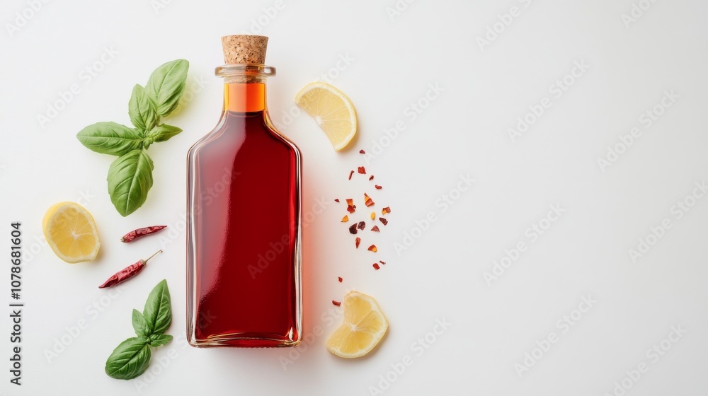Red-colored bottle with basil, lemon slices, and red chili on a white background Red-colored bottle with basil, lemon slices, and red chili on a white background