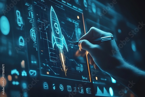 Businessman launching a transparent rocket icon, concept of startup business taking off and achieving success, represents the network connection, digital technology and connectivity in business world
