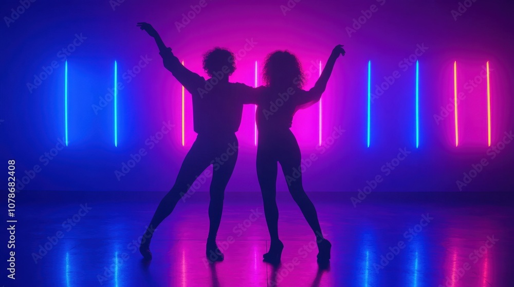 Silhouettes of two dancers against vibrant neon lights, celebrating movement and rhythm in a modern, lively setting. Silhouettes of two dancers against vibrant neon lights, celebrating movement and rhythm in a modern, lively setting.