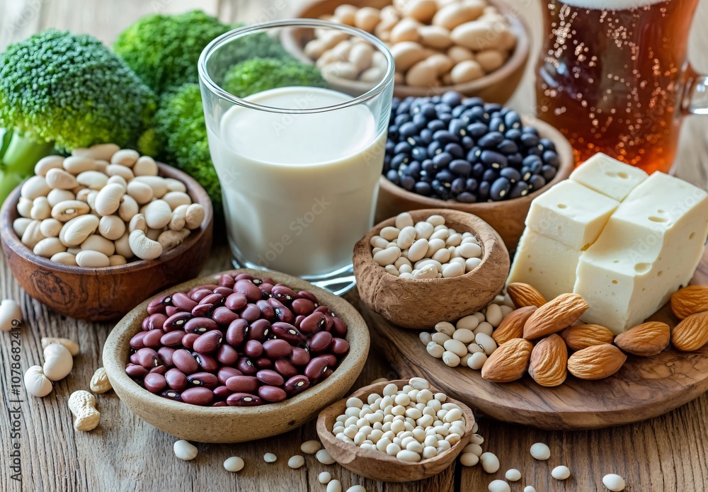 Plant-Based Protein Foods Flat Lay: Soy Milk, Beans, Nuts & More Plant-Based Protein Foods Flat Lay: Soy Milk, Beans, Nuts & More
