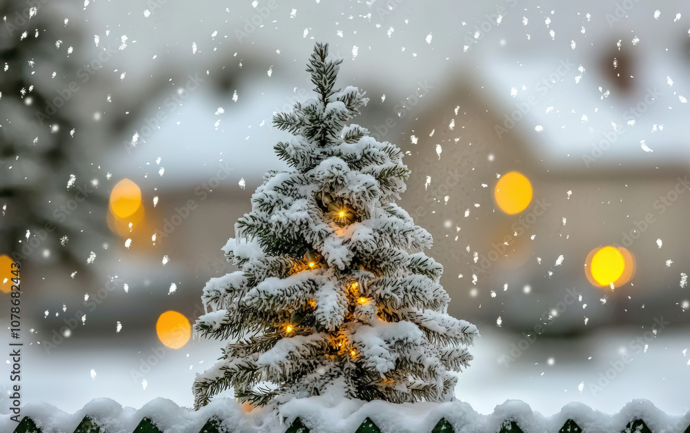 Christmas Tree with Snow and Glowing Yellow Lights Outdoors Christmas Tree with Snow and Glowing Yellow Lights Outdoors