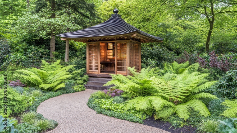 A serene garden pavilion surrounded by lush ferns and greenery, inviting relaxation. A serene garden pavilion surrounded by lush ferns and greenery, inviting relaxation.