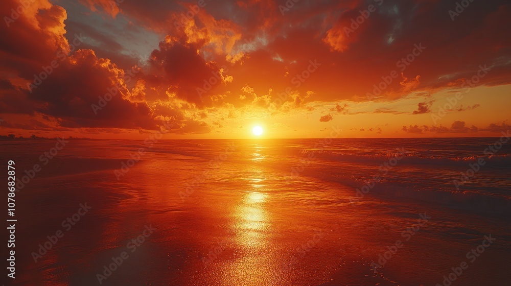 Fiery sunset over the ocean with clouds reflecting in the water. Fiery sunset over the ocean with clouds reflecting in the water.