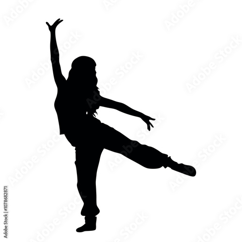 A woman is dancing in a black and white picture. She is wearing a hat and has her hands on her hips
