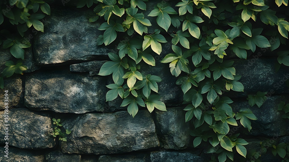 Textured stone wall covered in Virginia creeper vines, showcasing weathered masonry and organic growth patterns in vintage architectural setting. Textured stone wall covered in Virginia creeper vines, showcasing weathered masonry and organic growth patterns in vintage architectural setting.