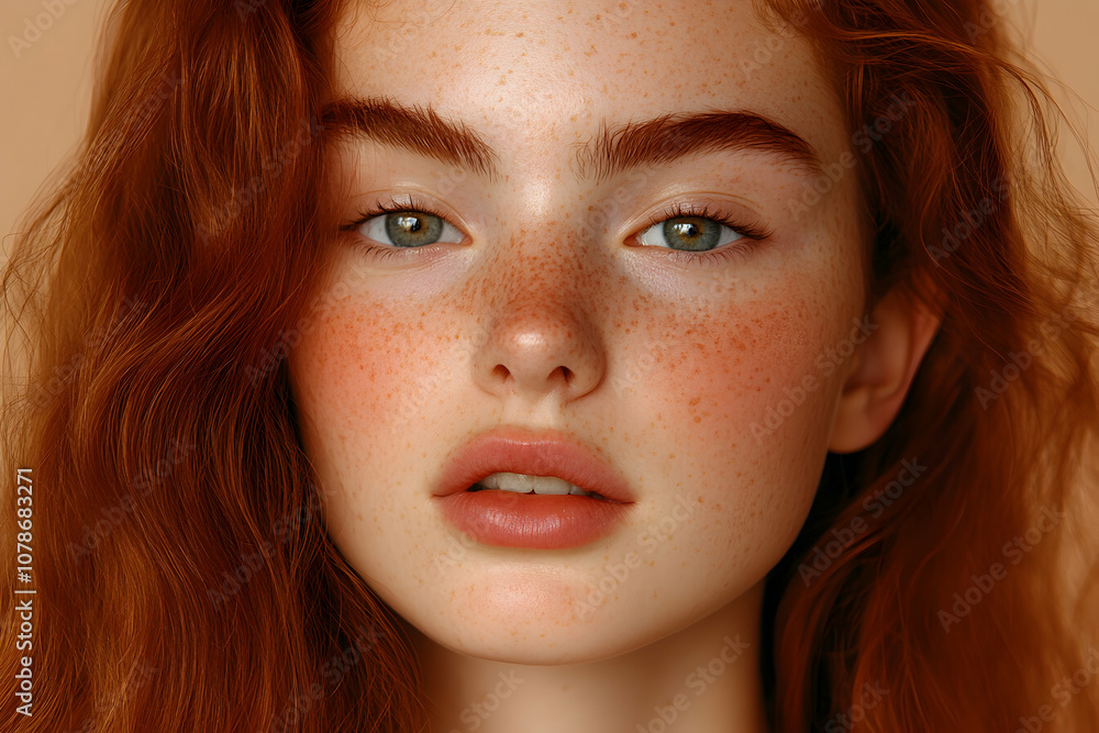 A young woman with red wavy hair and freckles gazes intently at the camera against a soft beige backdrop, capturing a moment of natural beauty and expressiveness A young woman with red wavy hair and freckles gazes intently at the camera against a soft beige backdrop, capturing a moment of natural beauty and expressiveness