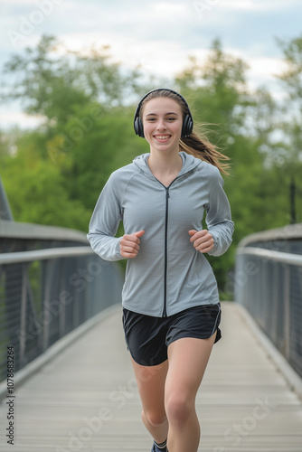 Energetic young woman running on a scenic bridge while wearing headphones, representing an active lifestyle and the joy of exercising outdoors in a natural setting.