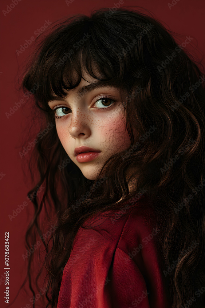 Portrait of a girl with flowing dark hair and striking eyes, set against a rich red background, showcasing a contemplative expression and detailed features Portrait of a girl with flowing dark hair and striking eyes, set against a rich red background, showcasing a contemplative expression and detailed features