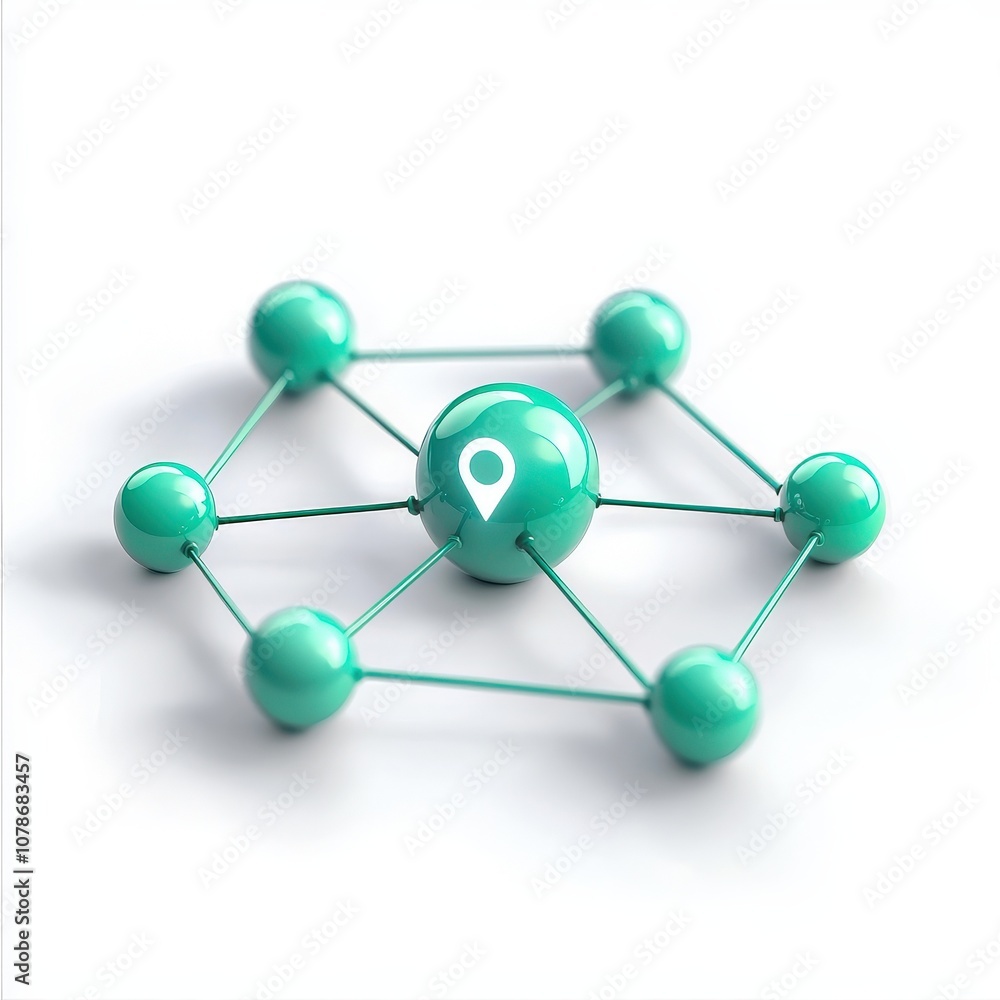 3D network model with teal nodes and a location pin, symbolizing connectivity and location tracking. 3D network model with teal nodes and a location pin, symbolizing connectivity and location tracking.