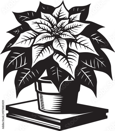 Striking Black and White Poinsettia Illustration. A bold, graphic illustration of a poinsettia plant in a pot.poinsettia, Christmas, holiday, winter, plant, flower, pot, black and white, illustration,