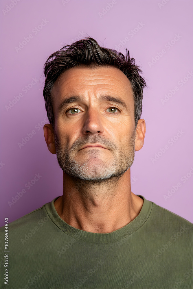 Fototapeta premium A mature man poses confidently against a soft purple backdrop, showcasing his distinctive features and relaxed demeanor while dressed casually in a green shirt